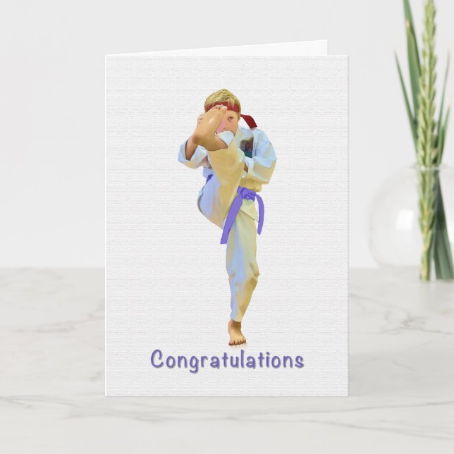 Carte Félicitations, Karate Kicking Purple Belt Card (Devant)