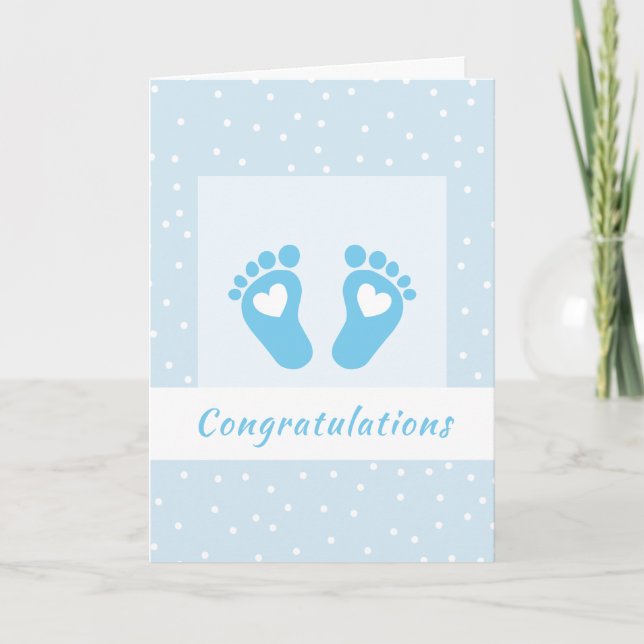 Carte Félicitations modernes bébé garçon pieds coeur ble (Devant)