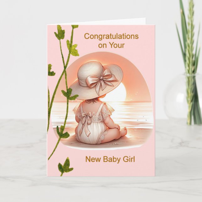 Carte Félicitations Nouvelle Bébée Fille en Pêche (Devant)