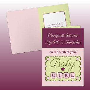 Carte Félicitations pour bébé fille rose vert