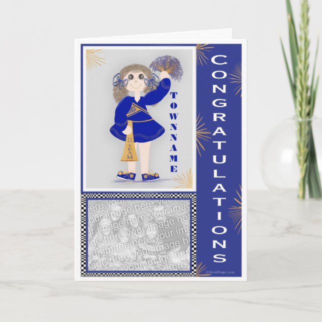Carte Félicitations pour la Pom-pom girl d'or et de bleu (Devant)