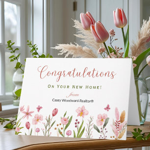 Carte Félicitations Realtor Fleurs roses personnalisées