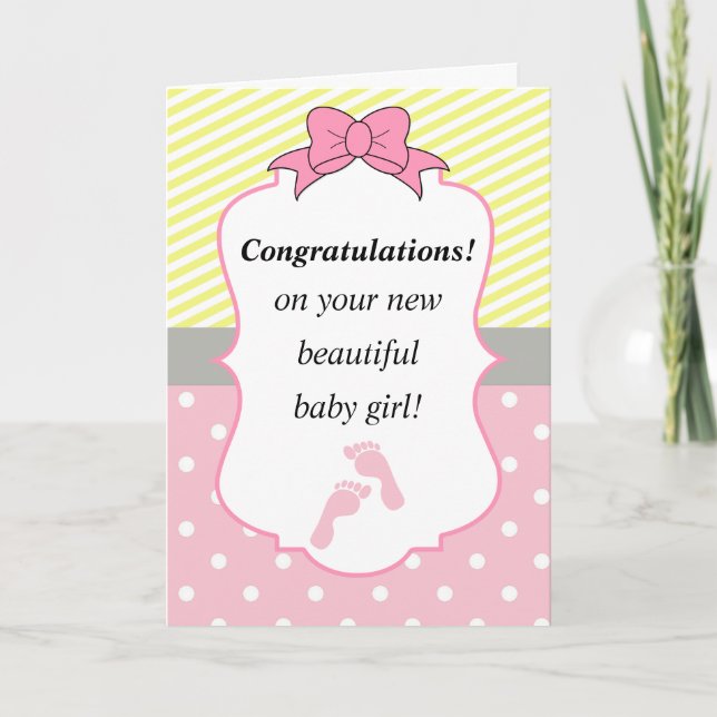 Carte Félicitations roses et nouveau bébé jaune (Devant)