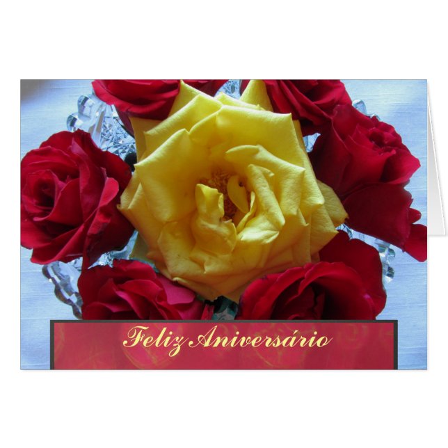 Carte - Feliz Aniversário - Rosas Amarillas y Roja (Devant horizontal)