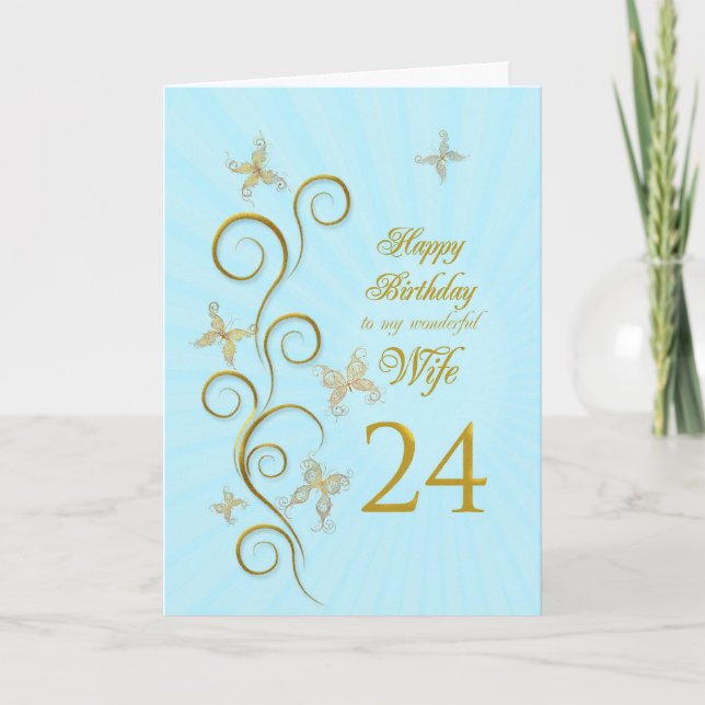 Carte Femme 24e anniversaire avec papillons dorés (Devant)
