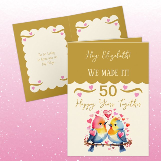 Carte Femme 50e anniversaire oiseaux or rose (Créateur téléchargé)