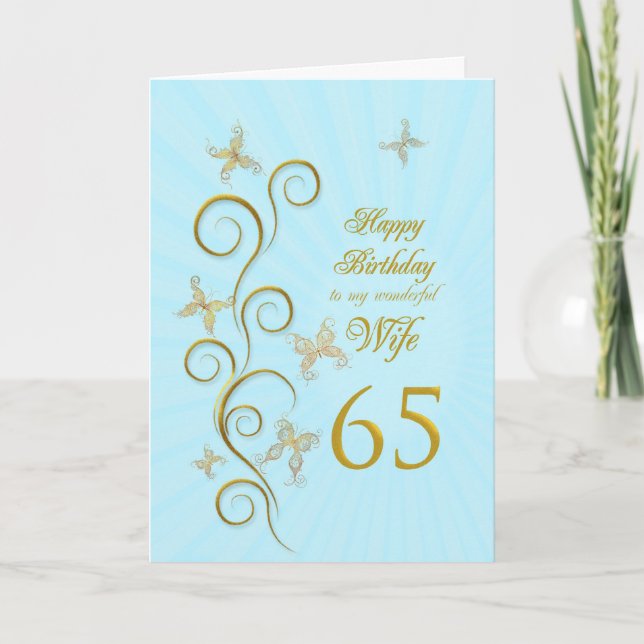 Carte Femme 65e anniversaire avec papillons dorés (Devant)