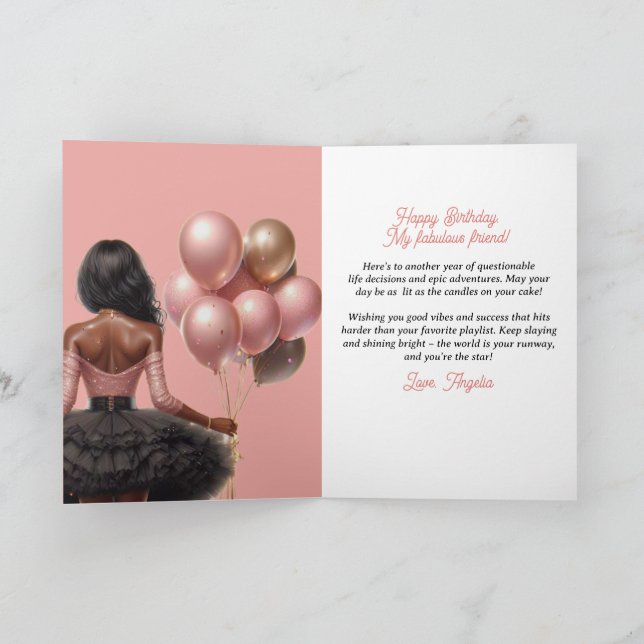 Carte Femme afro-américaine glamour Anniversaire rose (Intérieur)