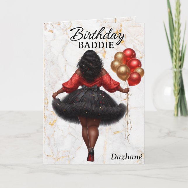 Carte Femme Afro-Américaine Glamour Anniversaire Rouge (Devant)