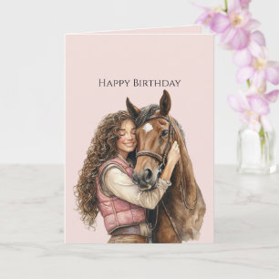 Carte Femme aux cheveux bruns étreignant un cheval rose 