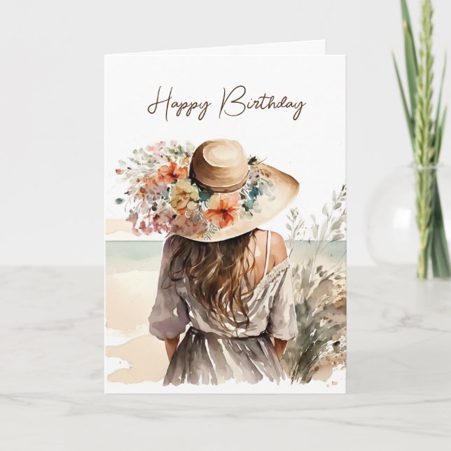Carte Femme Avec Casquette De Plage Anniversaire (Devant)