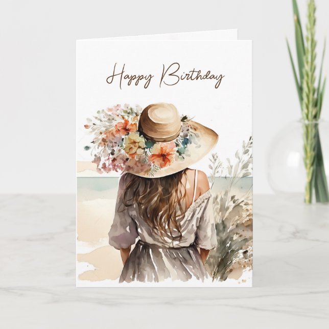 Carte Femme Avec Casquette De Plage Anniversaire (Devant)