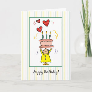 Carte Femme avec gâteau d'anniversaire et coeur Caricatu
