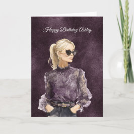 Carte Femme Blonde Lunettes de Soleil Chemisier Violet A