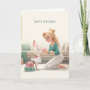 Carte Femme blonde offrant un cadeau d'anniversaire à un