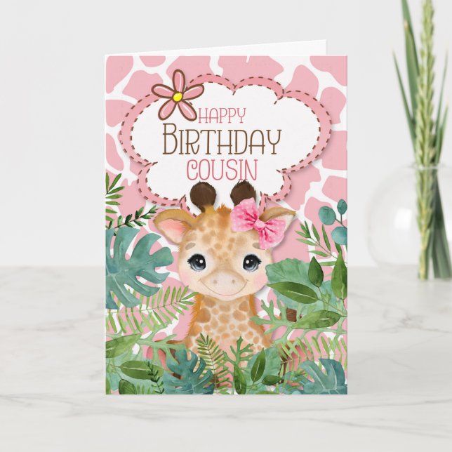 Carte Femme Cousin Pink Jungle Giraffe à thème Anniversa (Devant)
