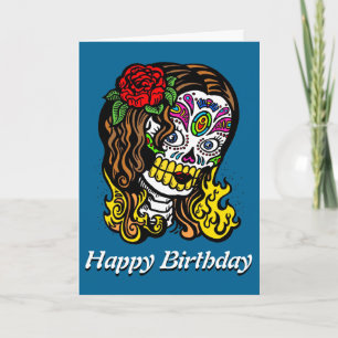 Carte Femme crâne de sucre Rose dans les cheveux