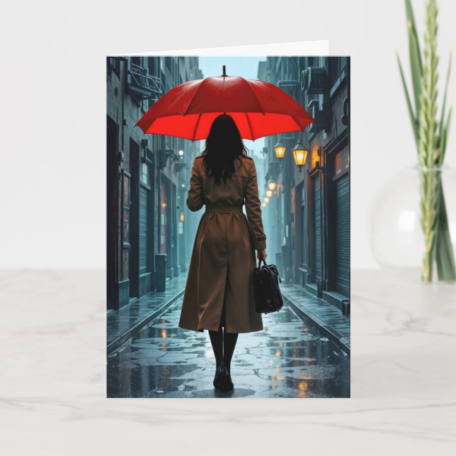 Carte Femme d'anniversaire sous un parapluie rouge (Devant)
