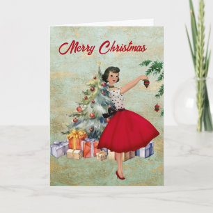 Carte Femme de Noël 1950 avec sapin de Noël