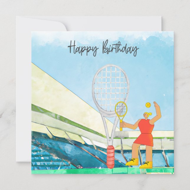 Carte Femme de tennis avec Happy Birthday mot aquarelle (Devant)