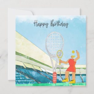 Carte Femme de tennis avec Happy Birthday mot aquarelle