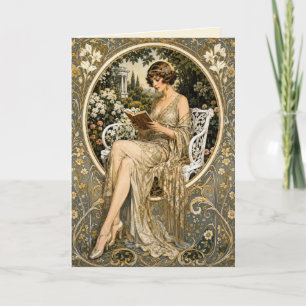 Carte Femme des années 1920 lisant dans un jardin pour s