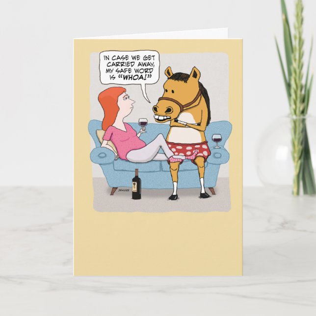 Carte Femme drôle et Cheval Boire du vin Anniversaire (Devant)