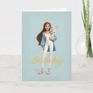 Carte Femme en bleu et blanc avec anniversaire de lapin