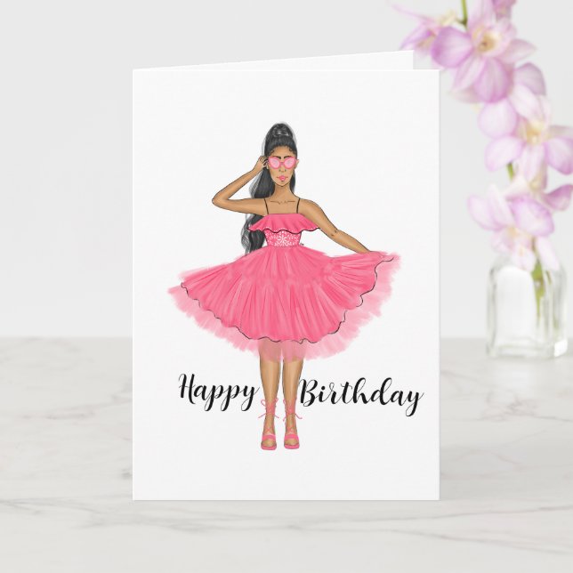 Carte Femme en Robe rose et lunettes de soleil Joyeux an (Orchidée)