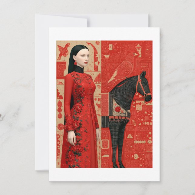 Carte Femme en robe rouge fleurie & cheval noir (Devant)