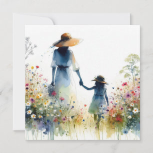 Carte Femme et enfant avec fleurs Fête des mères florale