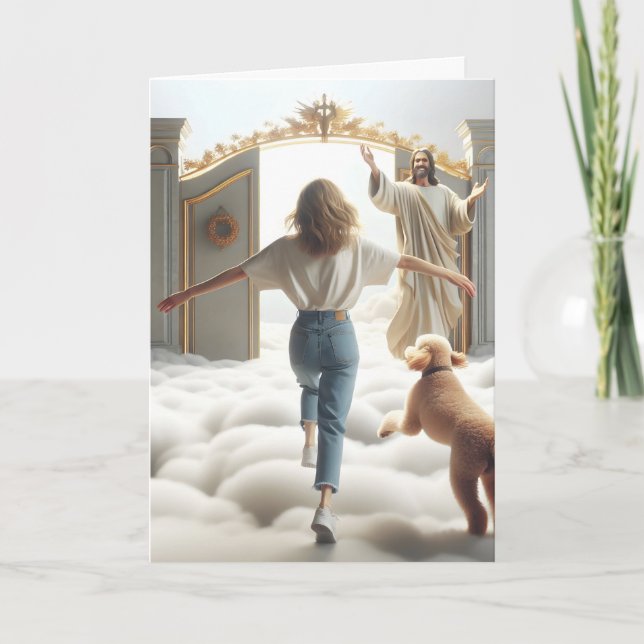 Carte Femme et Labradoodle à la porte du Ciel (Devant)