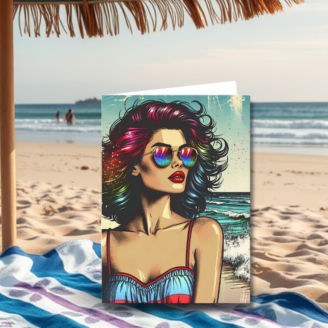 Carte Femme magnifique sur la plage Pop Art Anniversaire (Créateur téléchargé)