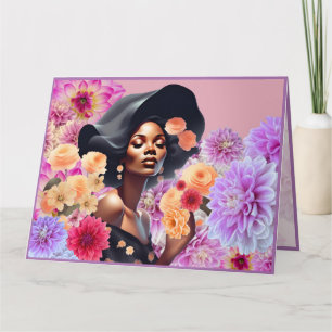 CARTE FEMME NOIRE SUPERBE FLEURS ROSES PAPILLONS