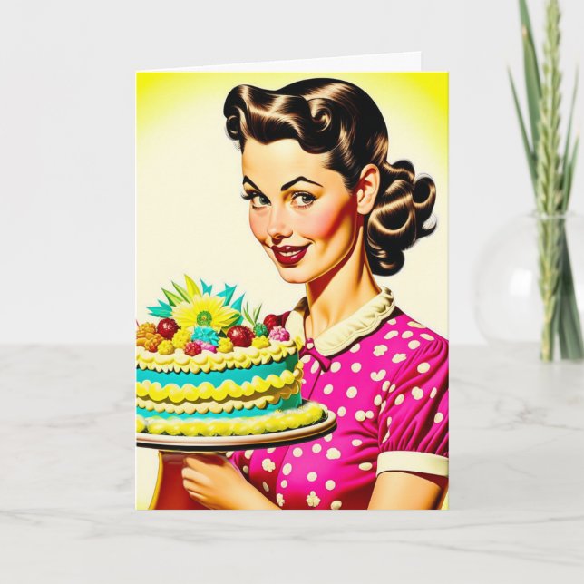Carte Femme rétro tenant un Anniversaire de mari de gâte (Devant)