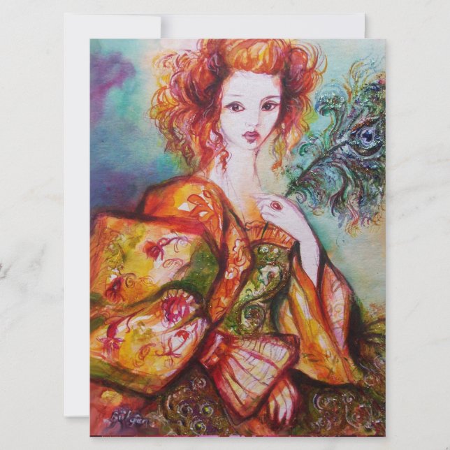 Carte FEMME ROMANTIQUE AVEC PLUME DE PAON ÉTOILÉE, Rouge (Devant)