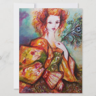 Carte FEMME ROMANTIQUE AVEC PLUME DE PAON ÉTOILÉE, Rouge