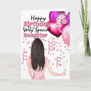Carte Femme tenant des ballons roses confetti party