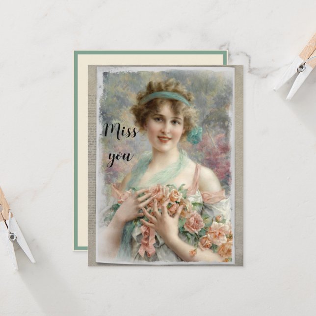 Carte Femme victorienne avec des roses à l'aquarelle (Devant/Arrière en situation)