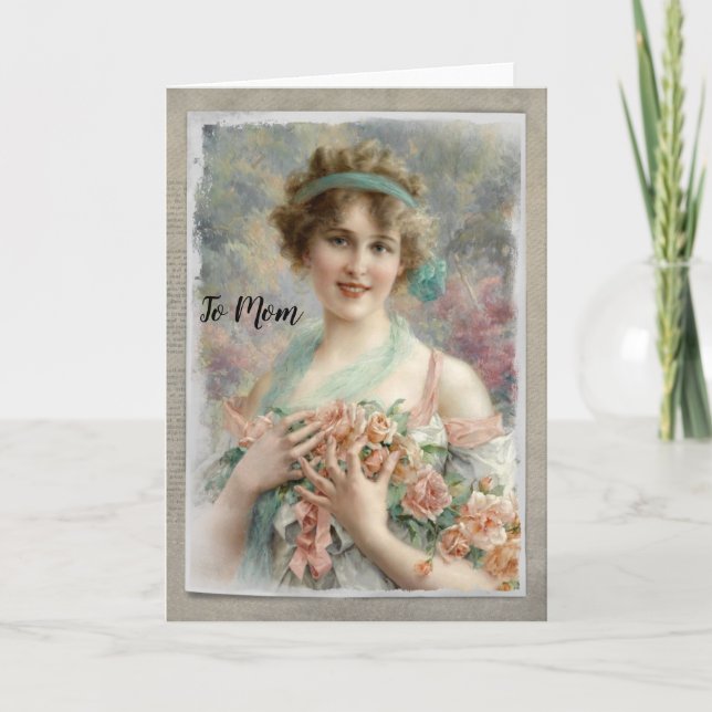 Carte Femme victorienne avec Rose sur aquarelle (Devant)
