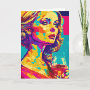 Carte Femme Vintage Tenant un Verre à Vin Art Abstrait