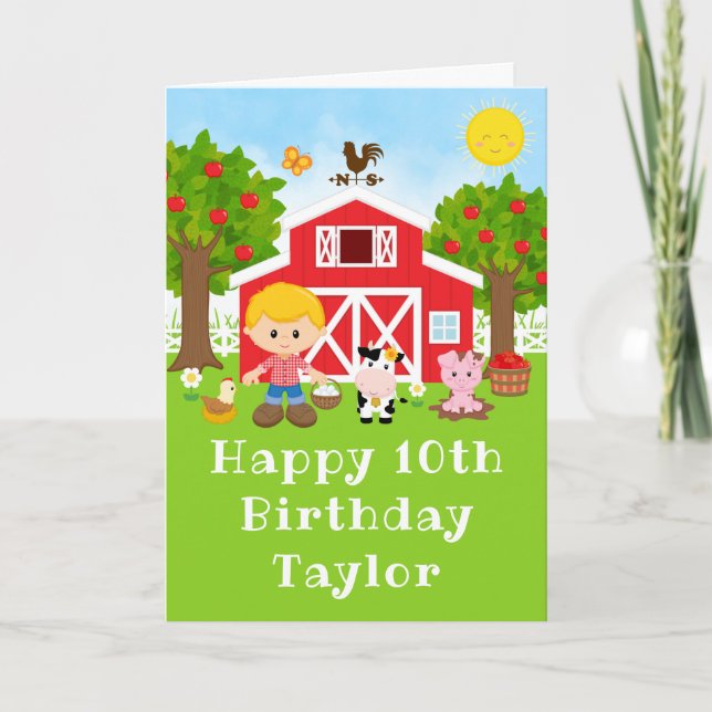 Carte Ferme Red Grange Blonde Cheveux garçon Joyeux anni (Devant)