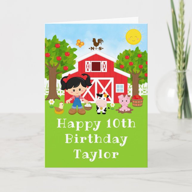 Carte Ferme Rouge Grange Noir Cheveux Fille Joyeux Anniv (Devant)