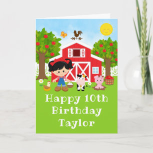 Carte Ferme Rouge Grange Noir Cheveux Fille Joyeux Anniv
