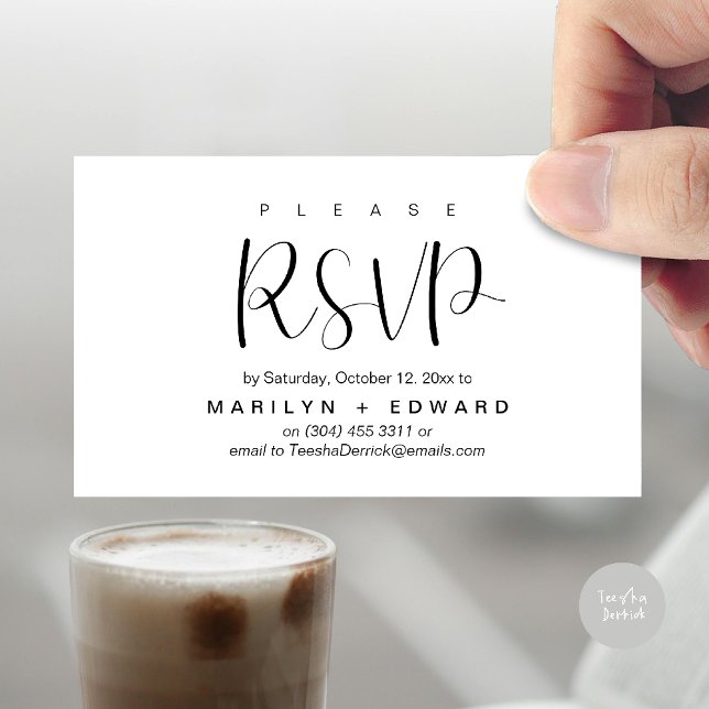 Carte fermée de rappel RSVP faire-part de mariage (Wedding invitation RSVP via Phone or email respond reminder Enclosure Card in aesthetic White Black)