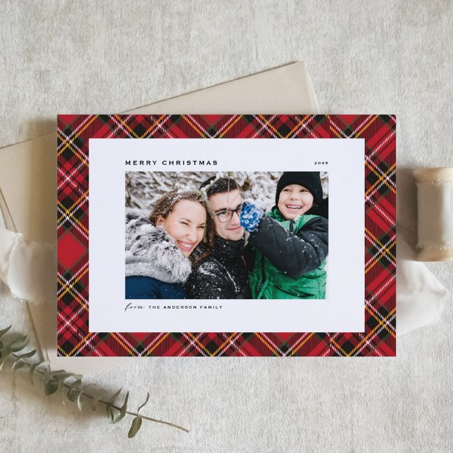 Carte Festif Rouge Plaid Motif Joyeux Noël Photo (Festive Red Tartan Plaid Pattern Merry Christmas Photo Holiday Card)