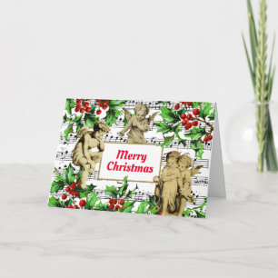 Carte Festif Vintage Ange Cherubs Holly Noël