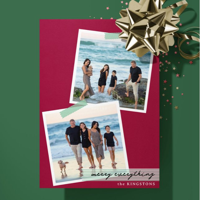 Carte festive à ruban rayé - V2 - Photo de vacance (Minimalist and modern two photo holiday card by Clearlytangled Studio.)