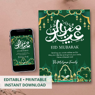 Carte festive de Eid Mubarak verte avec canon