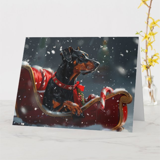 Carte Festive de Noël de chien Doberman (Fleur jaune)